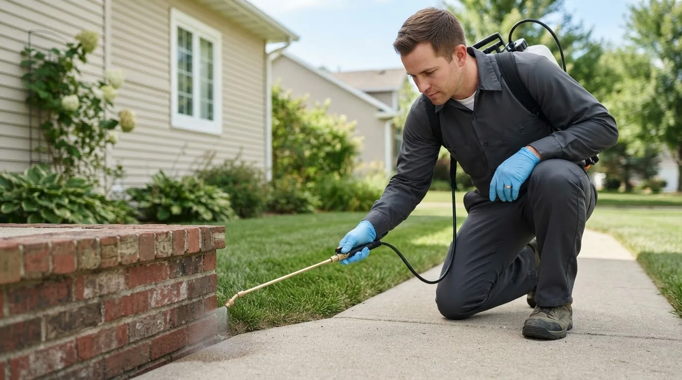 Pest control technician treating a home near Kerrick, TX